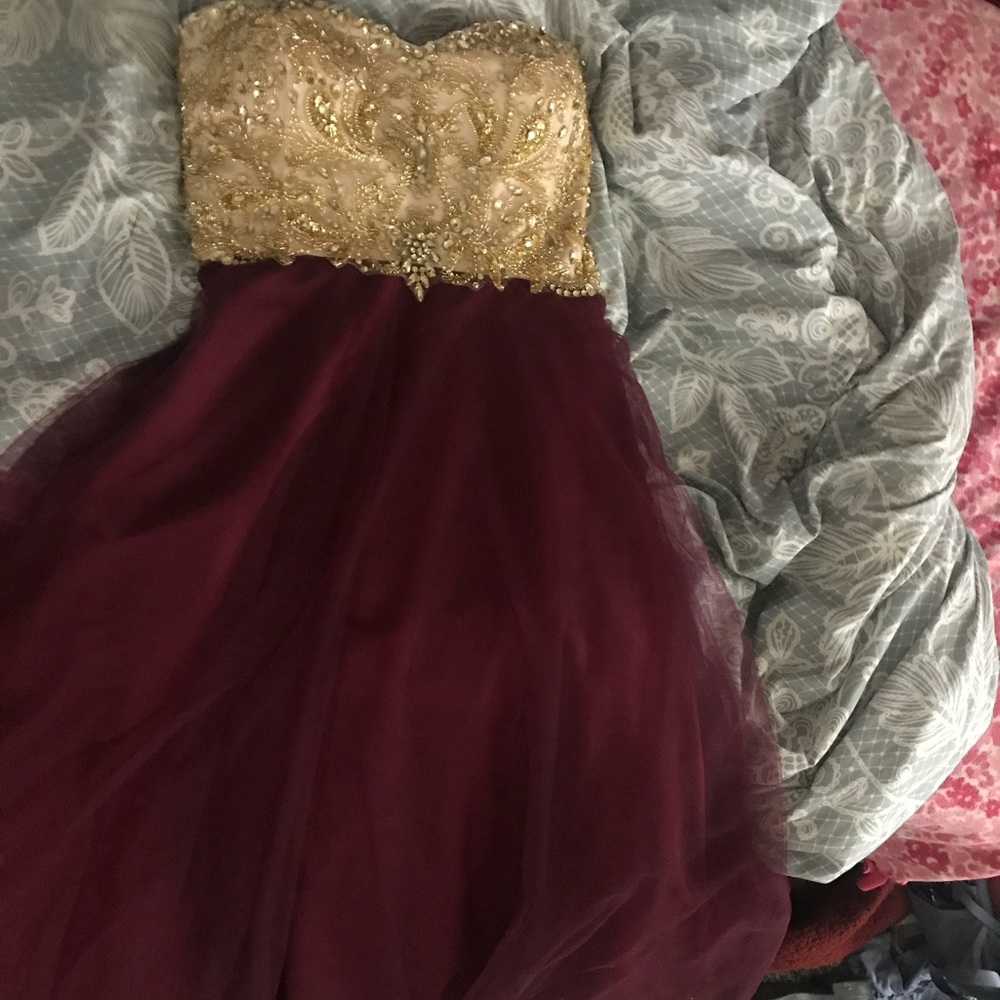 Beaded Gold and Red Prom Dress Ball Gown